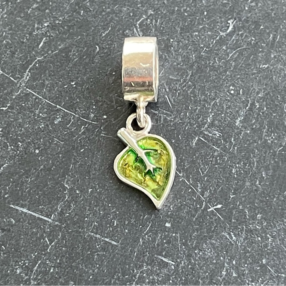 Sterling Silver 925 and Green enameled Leaf Charm for bracelet
